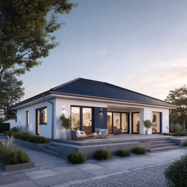 Zeitgenössisches Wohnhaus mit Walmdach und bodentiefen Fenstern im Abendlicht.