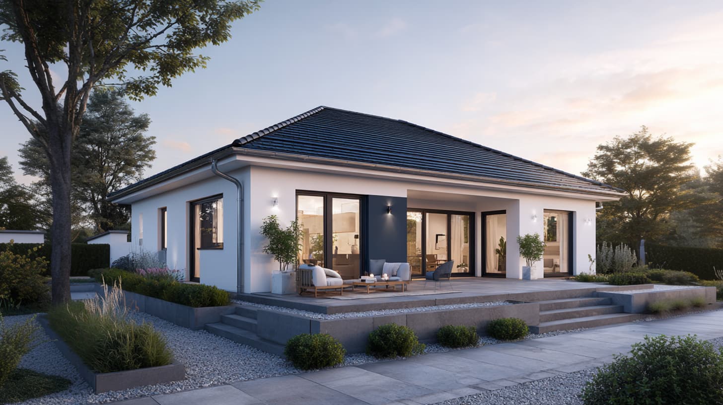 Helles Einfamilienhaus mit dunklem Dach, großen Fenstern und gepflegter Außenanlage.