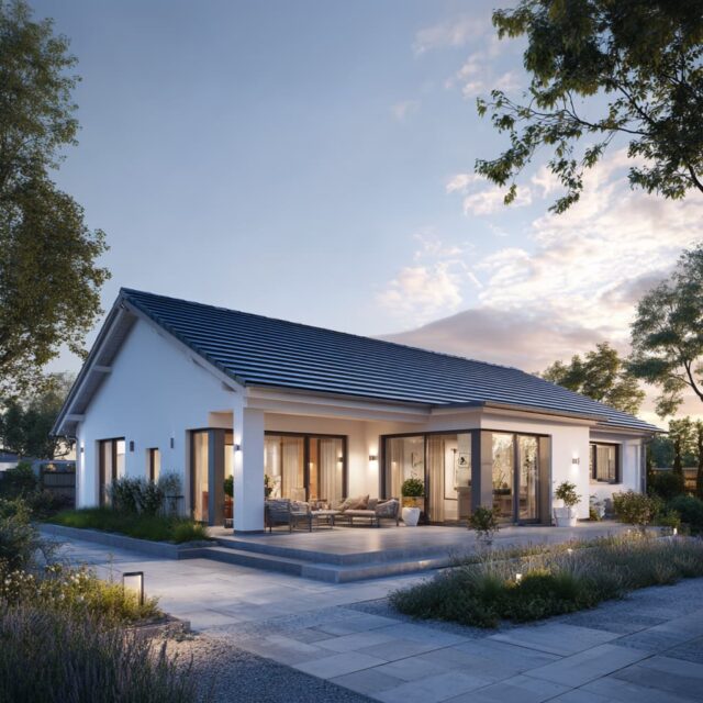 Modernes Wohnhaus mit symmetrischer Fassadengestaltung und integrierter Außenbeleuchtung.