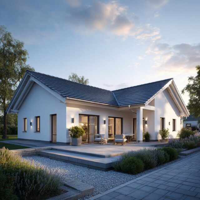 Einfamilienhaus mit Walmdach, klarer Architektur und großzügigen Glasfronten.