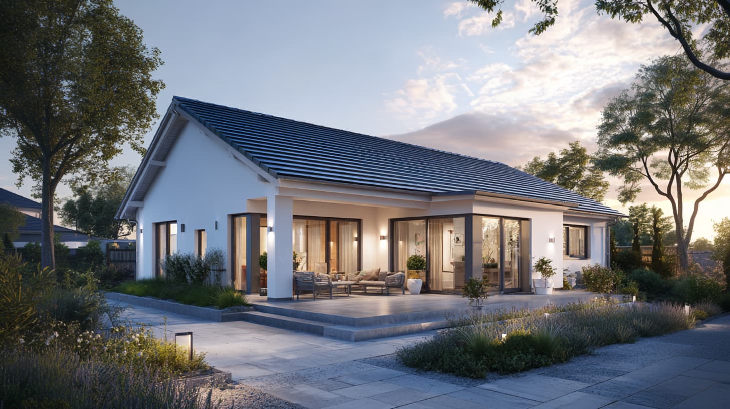 Eingeschossiges Haus mit klassischer Dachform, überdachtem Außenbereich und Garten.