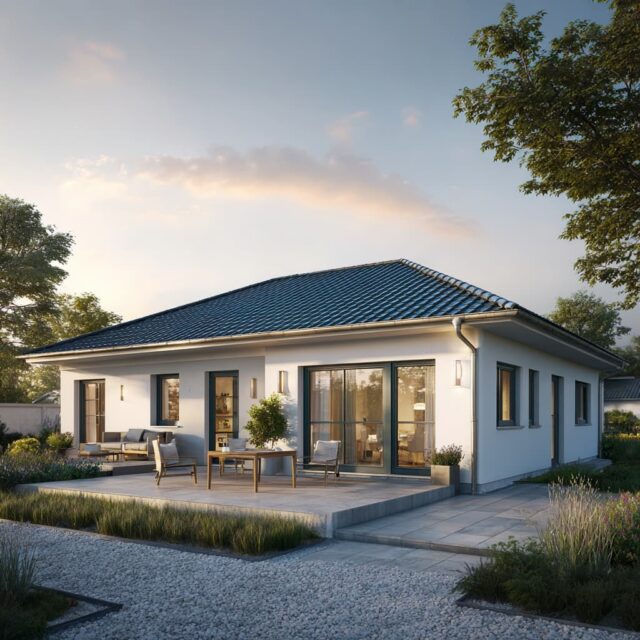 Zeitgemäßes Wohnhaus mit Walmdach, großen Fensterflächen und offener Terrassengestaltung.