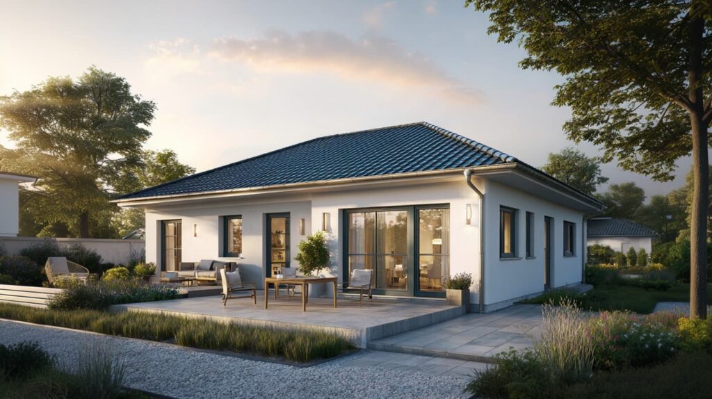 Modernes Einfamilienhaus mit dunklem Walmdach, heller Fassade und umlaufender Terrasse.