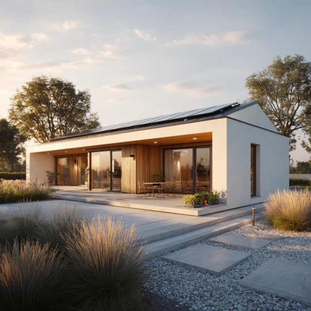 Minimalistisches Einfamilienhaus mit Flachdach und offener Verbindung zum Außenraum.