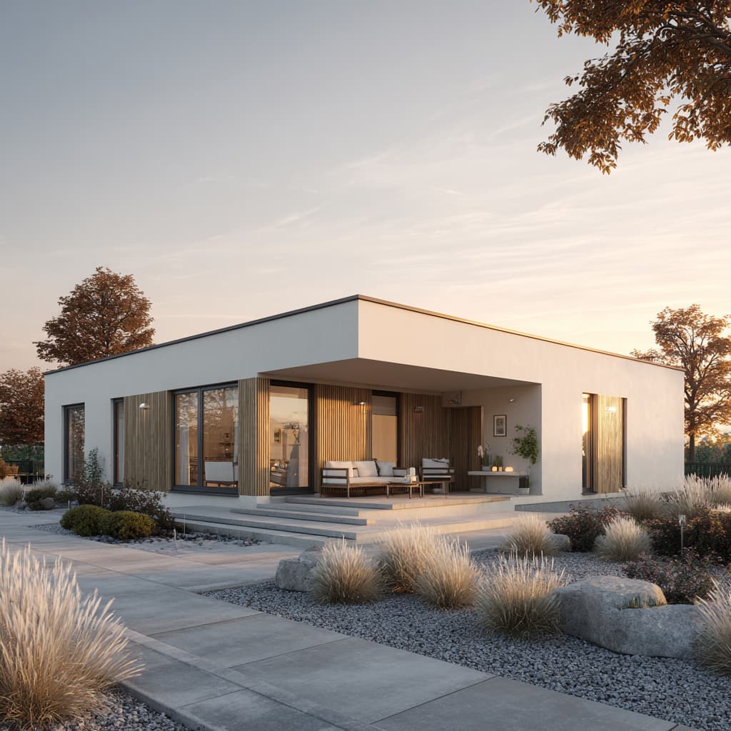 Modernes Haus mit Flachdach, reduzierter Formensprache und integrierter Außenbeleuchtung.