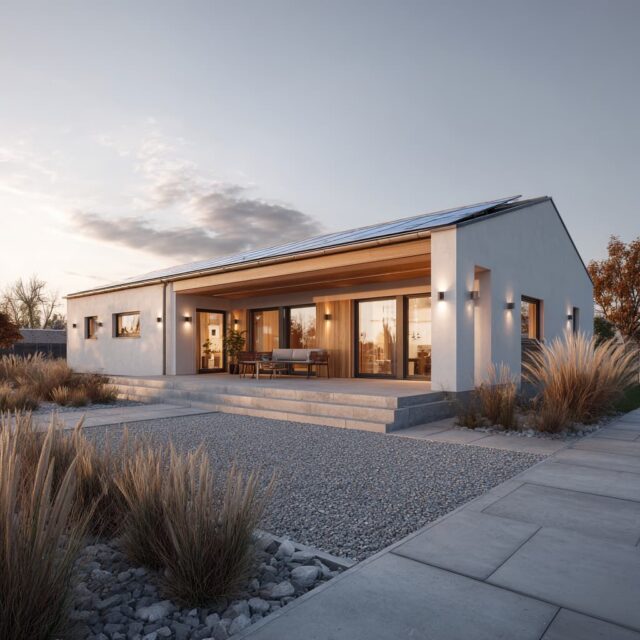 Zeitgemäßes Wohnhaus mit klarer Linienführung, großen Glasflächen und naturnaher Gestaltung.