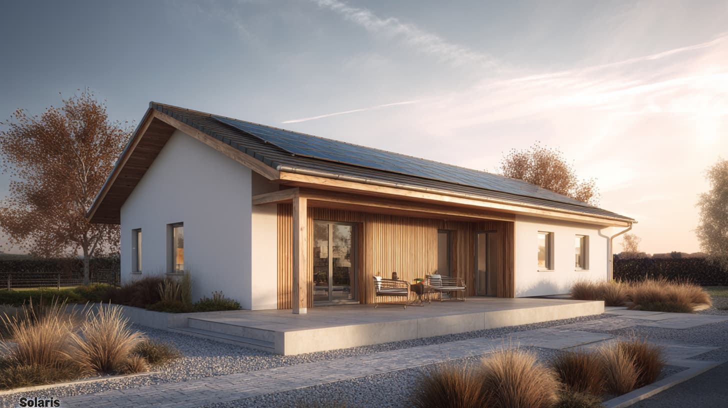 Modernes Einfamilienhaus mit Flachdach, überdachtem Außenbereich und warmem Innenlicht.