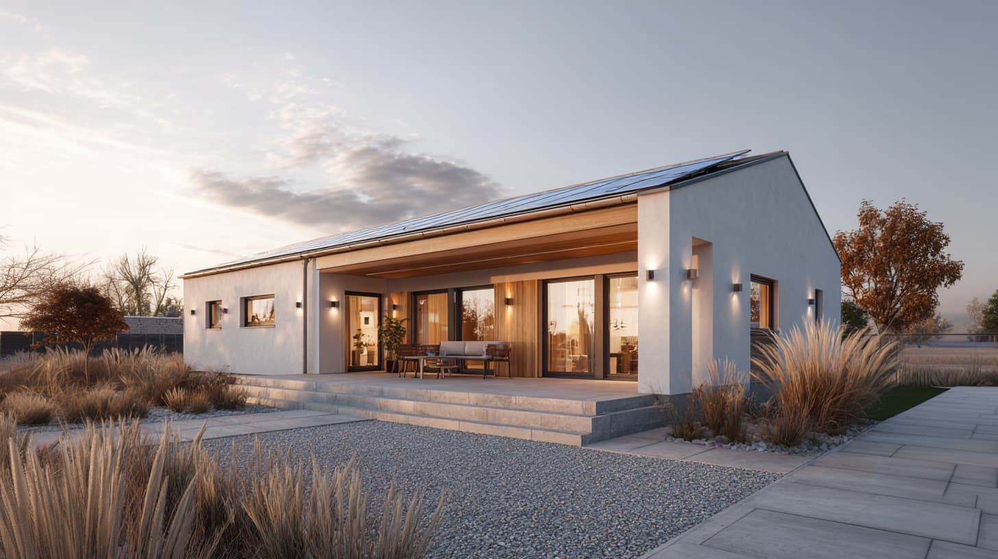 Eingeschossiges Haus mit Flachdach, bodentiefen Fenstern und offenem Wohnbereich.