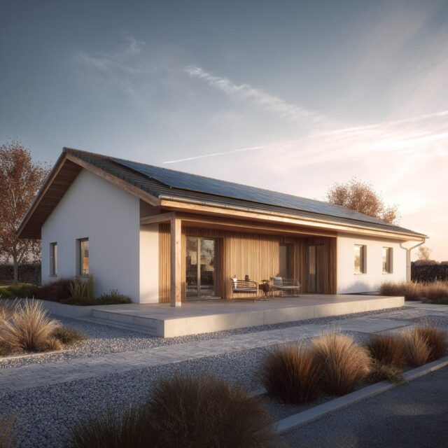 Modernes Einfamilienhaus mit Flachdach, heller Fassade und beleuchteter Terrasse.