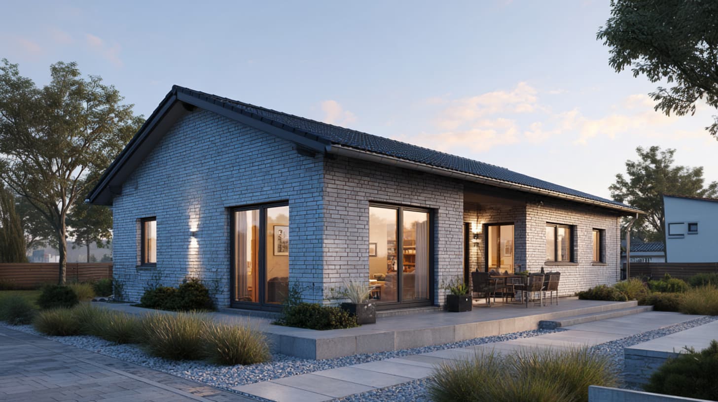 Modernes Wohnhaus mit Klinkerfassade und offener Verbindung zum Garten.