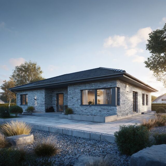 Helles Einfamilienhaus mit Ziegelfassade, klassischer Dachform und Terrassenbereich.