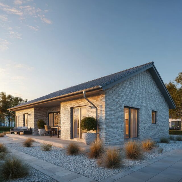 Zeitgenössisches Wohnhaus mit Klinker, großen Glasflächen und gepflegter Außenanlage.