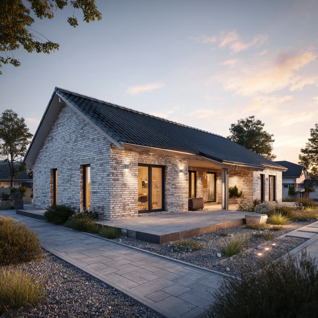 Modernes Einfamilienhaus mit Satteldach, Ziegelfassade und beleuchtetem Außenbereich.