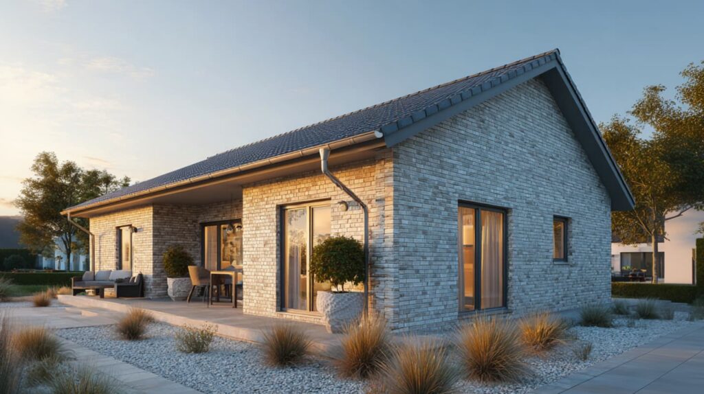 Wohnhaus mit heller Klinkerfassade, modernem Eingangsbereich und klarer Architektur.