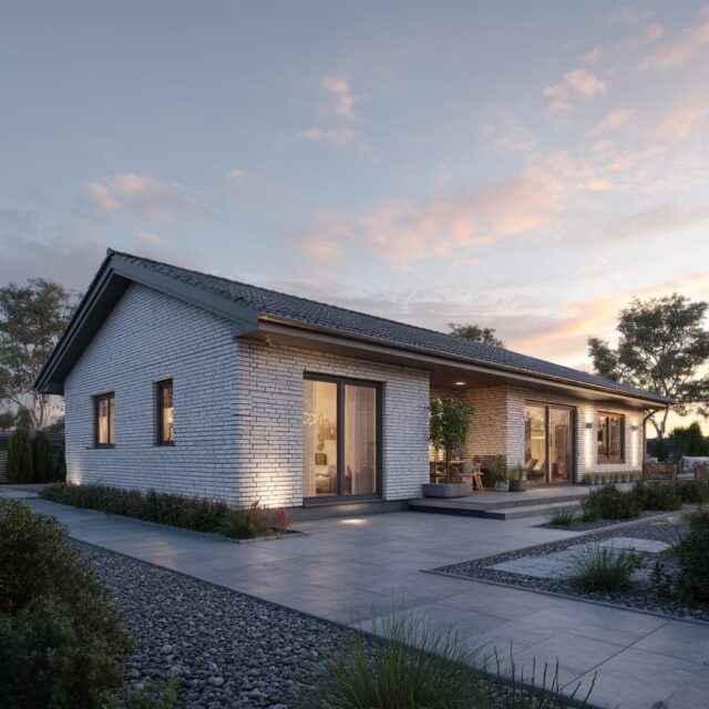 Eingeschossiges Haus mit Satteldach, Ziegelfassade und bodentiefen Fenstern.