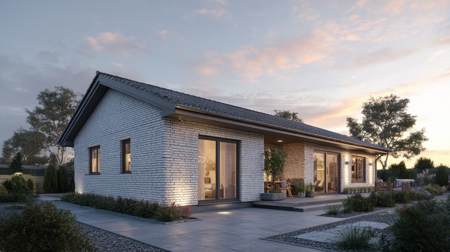 Zeitgemäßes Wohnhaus mit Klinkerfassade, klarer Linienführung und überdachter Terrasse.
