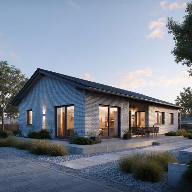 Modernes Einfamilienhaus mit Satteldach, heller Klinkerfassade und großen Fenstern.