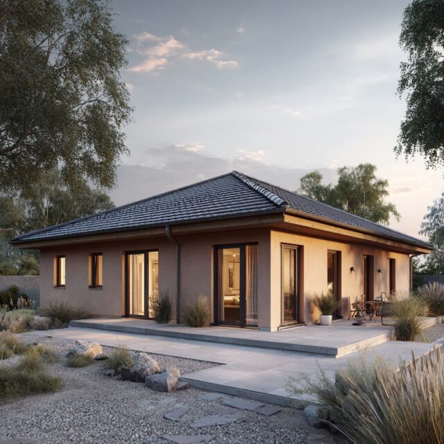 Helles Wohnhaus mit Walmdach, großen Fenstern und ruhiger Lage.