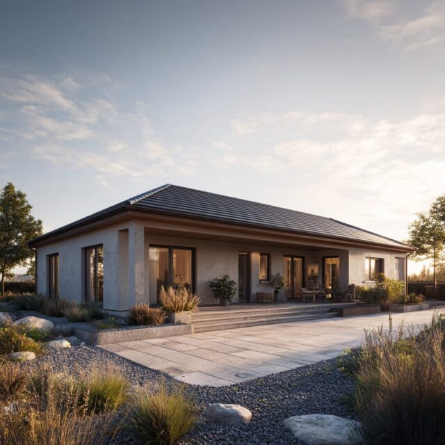 Modernes Einfamilienhaus mit Walmdach und naturnaher Umgebung.