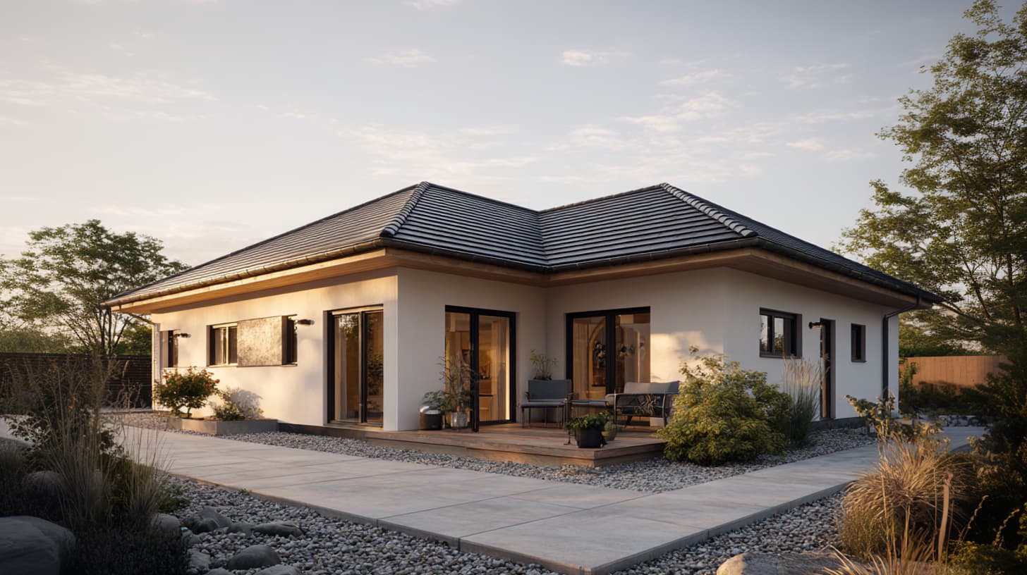 Einfamilienhaus mit Walmdach, überdachter Terrasse und warmem Innenlicht.