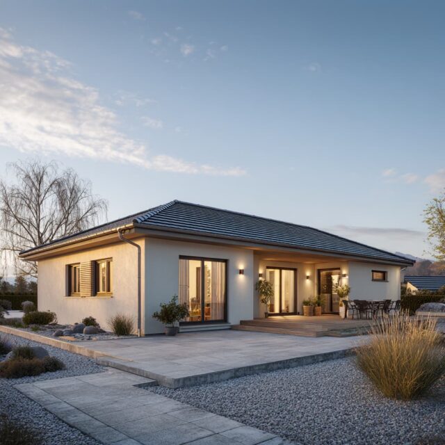 Modernes Wohnhaus mit Walmdach, symmetrischer Fassadengestaltung und großen Glasflächen.