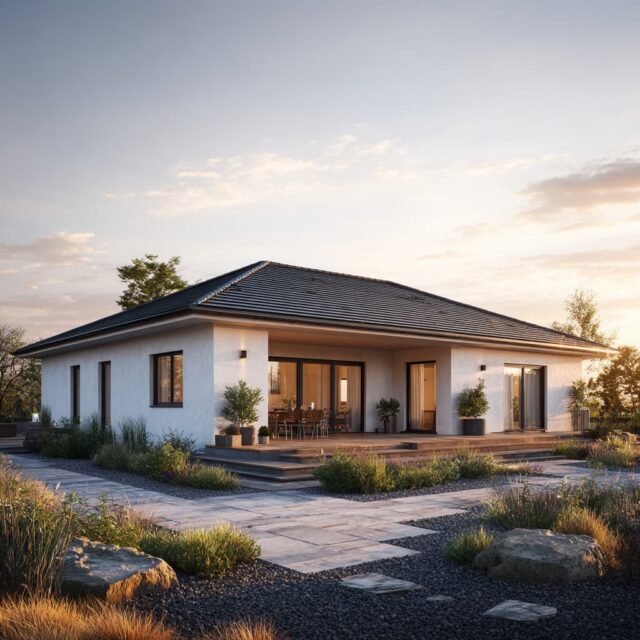 Helles Einfamilienhaus mit Walmdach, gepflegter Gartenanlage und klarer Linienführung.