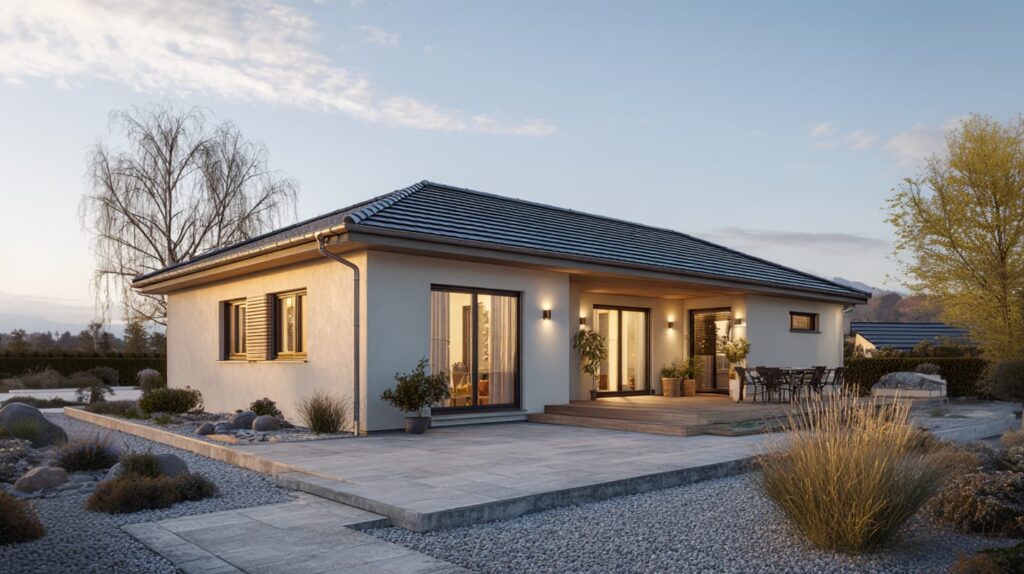 Eingeschossiges Haus mit Walmdach, bodentiefen Fenstern und offenem Außenbereich.