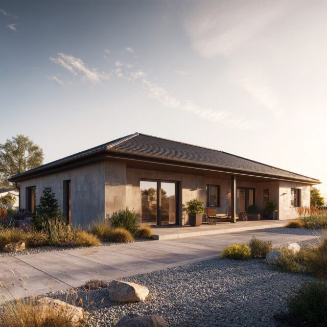 Zeitgemäßes Wohnhaus mit Walmdach, klarer Architektur und großen Fensterfronten.