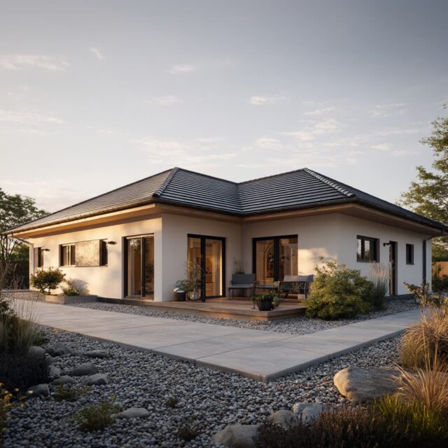 Modernes Einfamilienhaus mit Walmdach, heller Fassade und großzügiger Terrassenfläche.