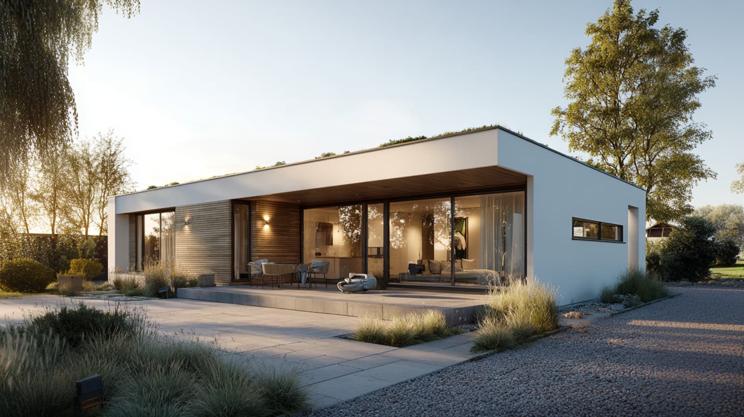 Modernes Wohnhaus mit Flachdach, breiter Fensterfront und naturnaher Umgebung.