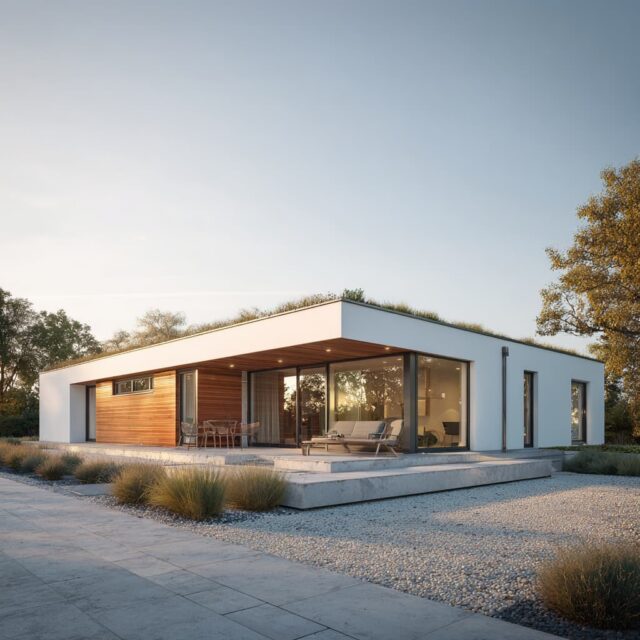 Zeitgemäßes Einfamilienhaus mit Flachdach, offener Terrassengestaltung und warmem Innenlicht.