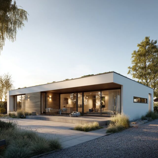 Eingeschossiges Haus mit Flachdach, minimalistischer Architektur und großen Glasflächen.