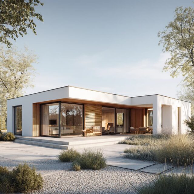 Modernes Wohnhaus mit klarer Linienführung, überdachter Terrasse und Gartenblick.