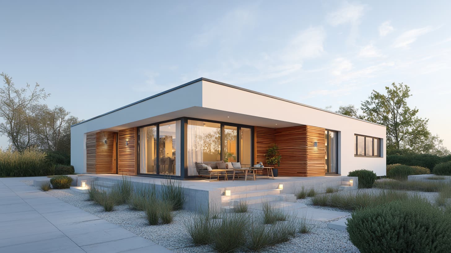 Kubisches Haus mit Flachdach, Holzverkleidung im Eingangsbereich und bodentiefen Fenstern.