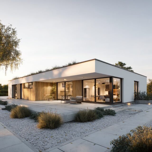 Zeitgenössisches Wohnhaus mit Flachdach, umlaufender Terrasse und großen Fensterflächen.