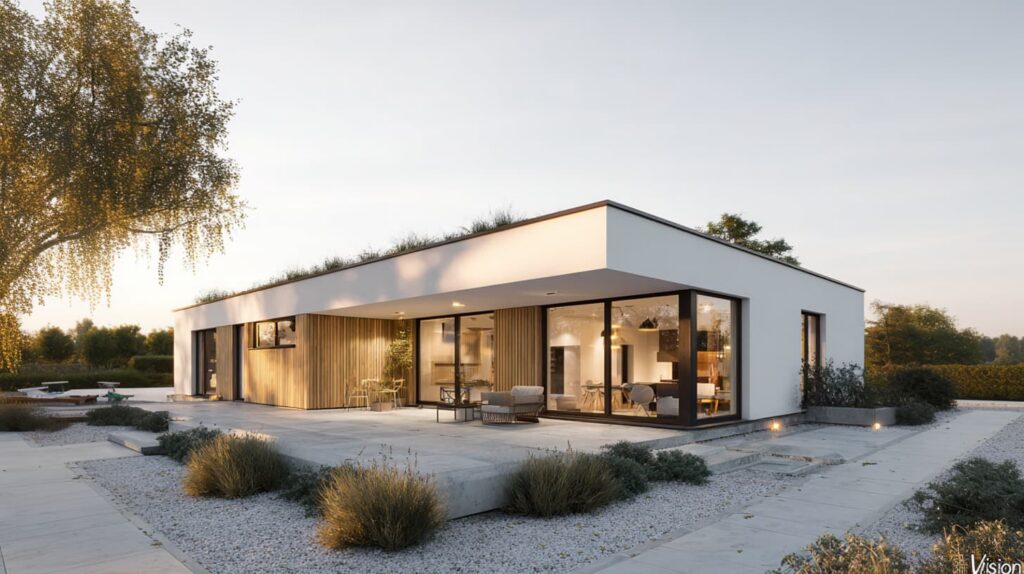 Modernes Einfamilienhaus mit Flachdach, großzügiger Glasfront und heller Fassade.
