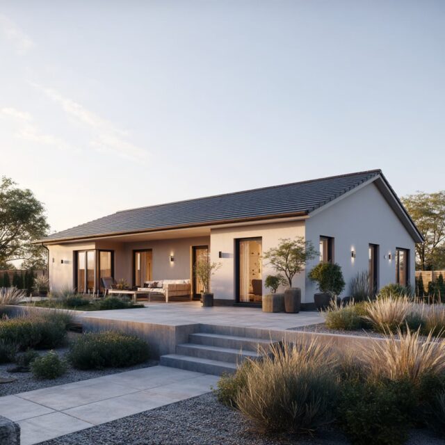 Kompaktes Wohnhaus mit klassischer Dachform, großzügigen Fenstern und ruhiger Lage.