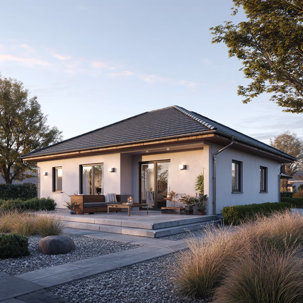 Zeitgenössisches Wohnhaus mit dunklem Dach, heller Putzfassade und Sitzbereich im Freien.