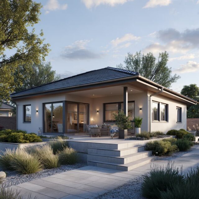 Modernes Wohnhaus mit Walmdach, symmetrischer Fassadengestaltung und Stufen zur Terrasse.