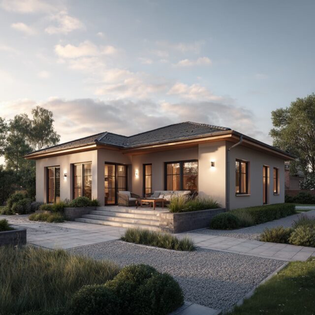 Eingeschossiges Haus mit Walmdach, überdachtem Eingangsbereich und Gartenanlage.