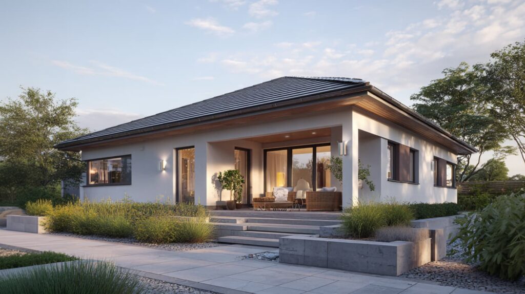 Zeitgemäßes Wohnhaus mit dunklem Walmdach, großen Fenstern und klarer Architektur.