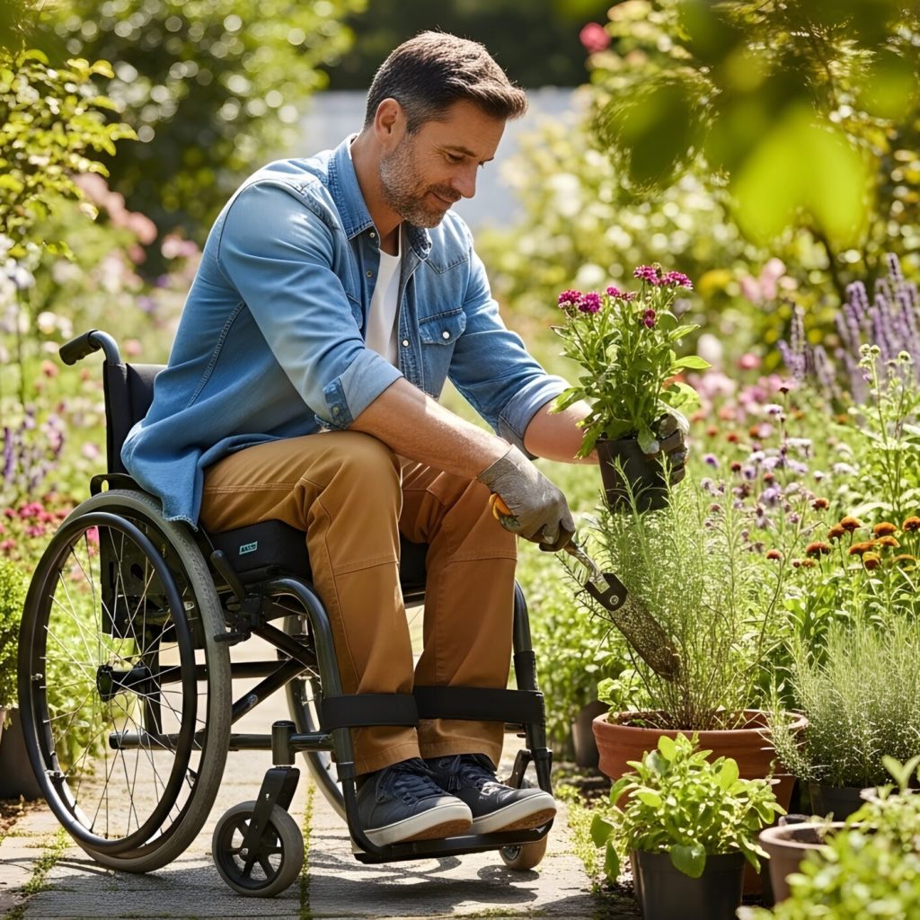 Man in Wheelchair Tending to Plants in a Lush Garden Embracing Nature and Horticulture