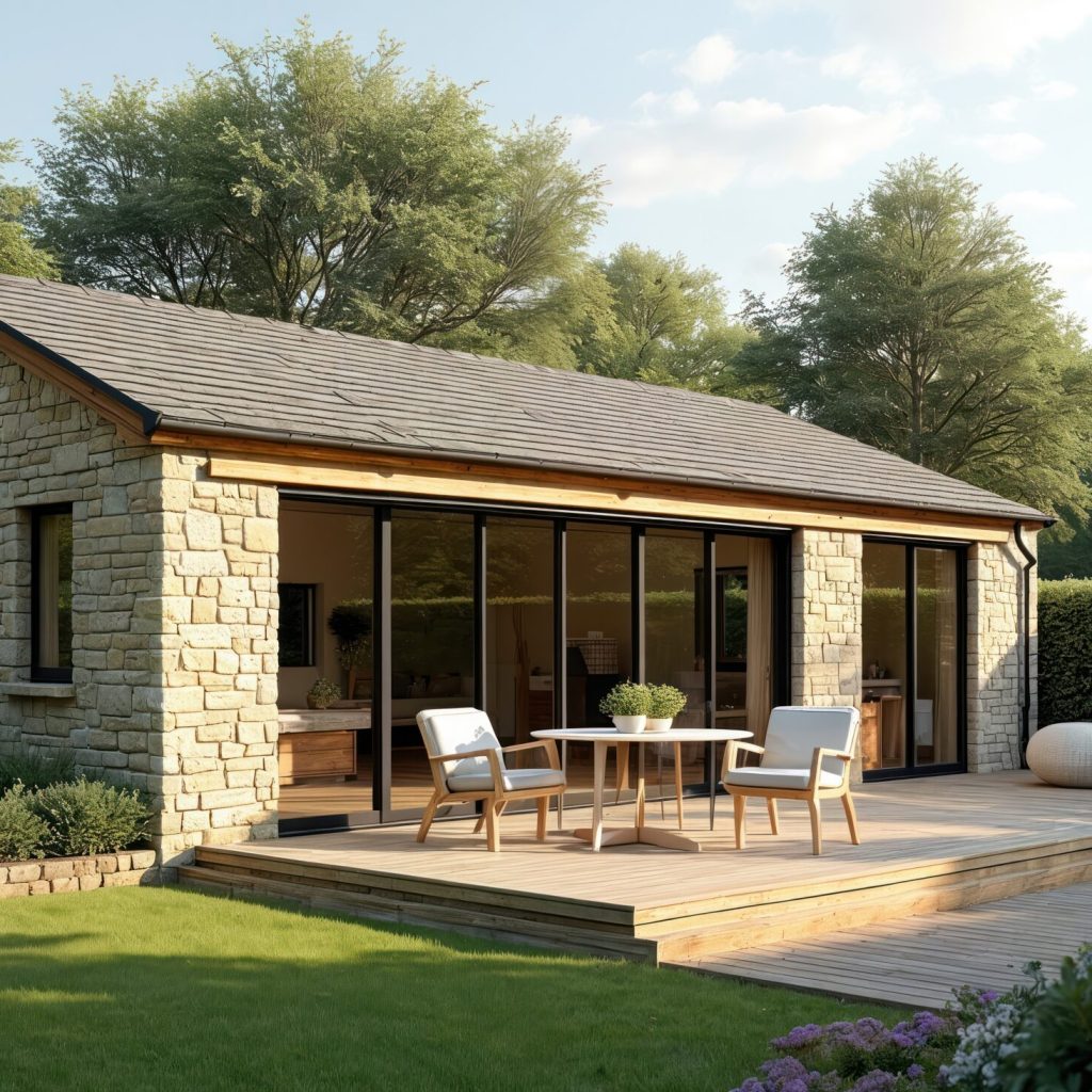 Modern single-storey Granny Annexe Conversion of Barn in UK. Stone building with large glass doors, windows, surrounded by plants. Wooden deck with outdoor furniture. Garden with lawn, flowers trees.
