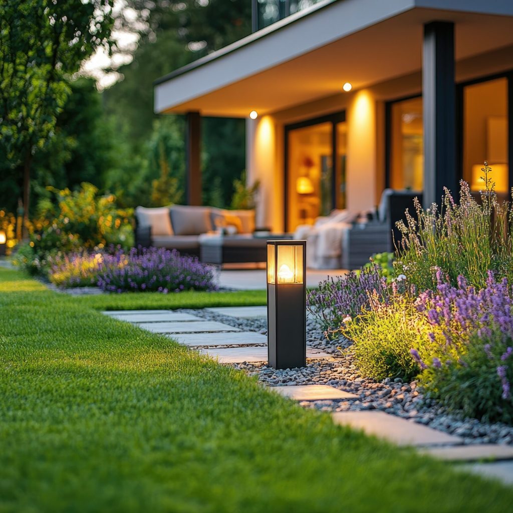 Well-lit modern garden with a luxury home in the background, showcasing the beauty of outdoor lighting at dusk